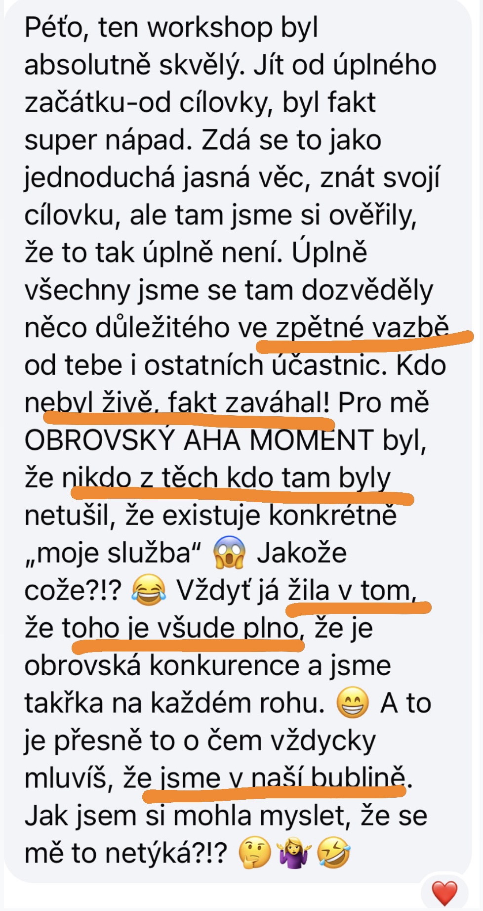 Zpráva od klientky se zpětnou vazbou