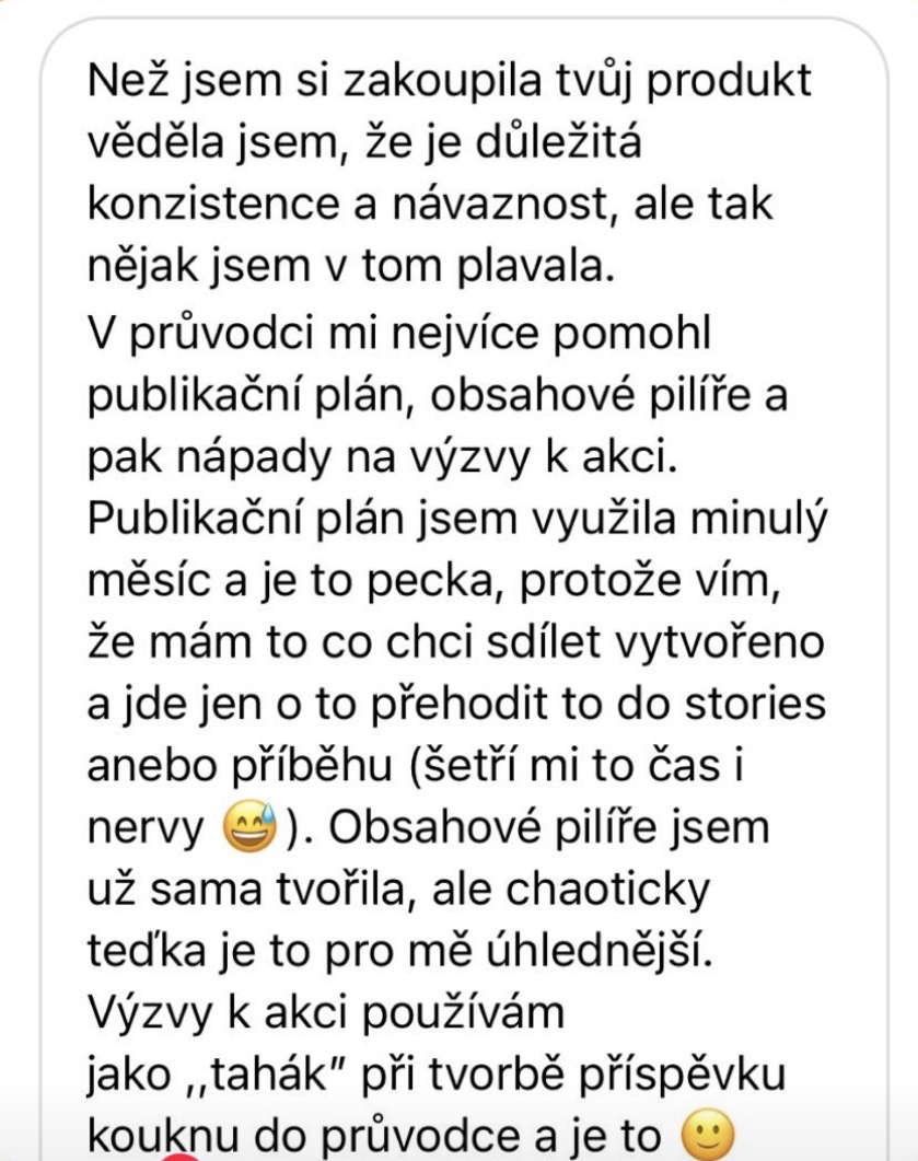 Zpráva od klientky se zpětnou vazbou