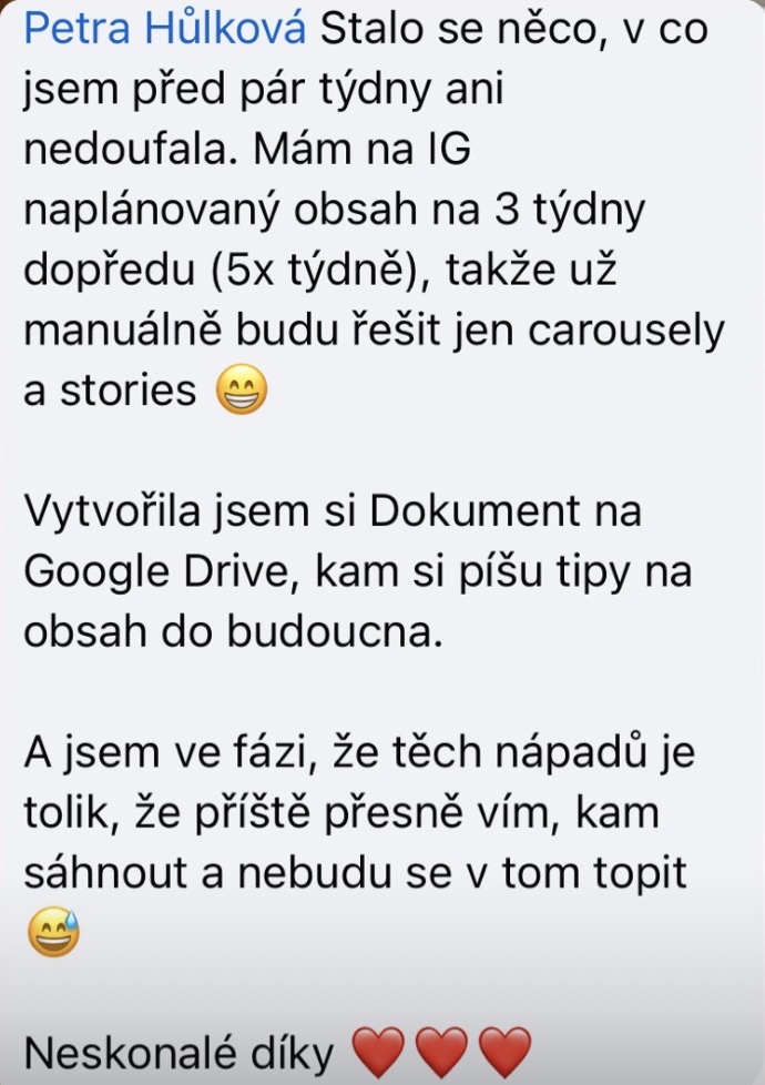 Zpráva od klientky se zpětnou vazbou