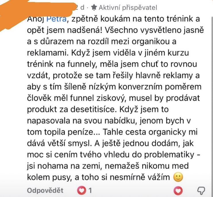 Zpráva od klientky se zpětnou vazbou