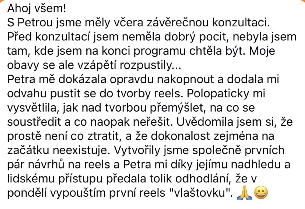Zpráva od klientky se zpětnou vazbou