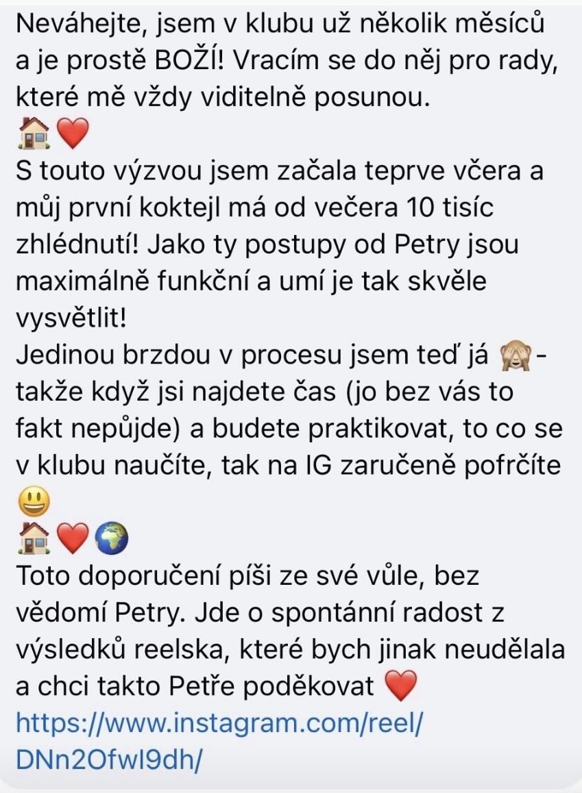 Zpráva od klientky se zpětnou vazbou