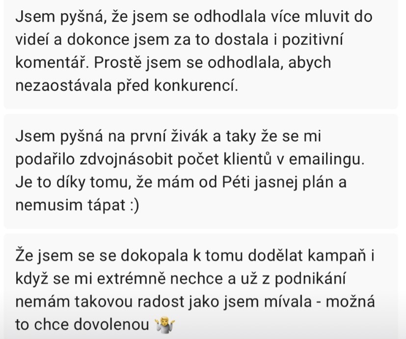 Zpráva od klientky se zpětnou vazbou